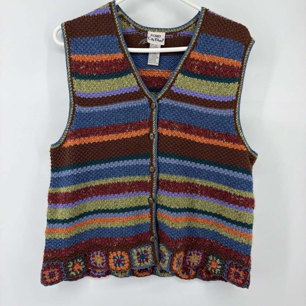 VTG Koret City Blues Sweater Vest Knit Granny Square Cottage Core Striped Sz M